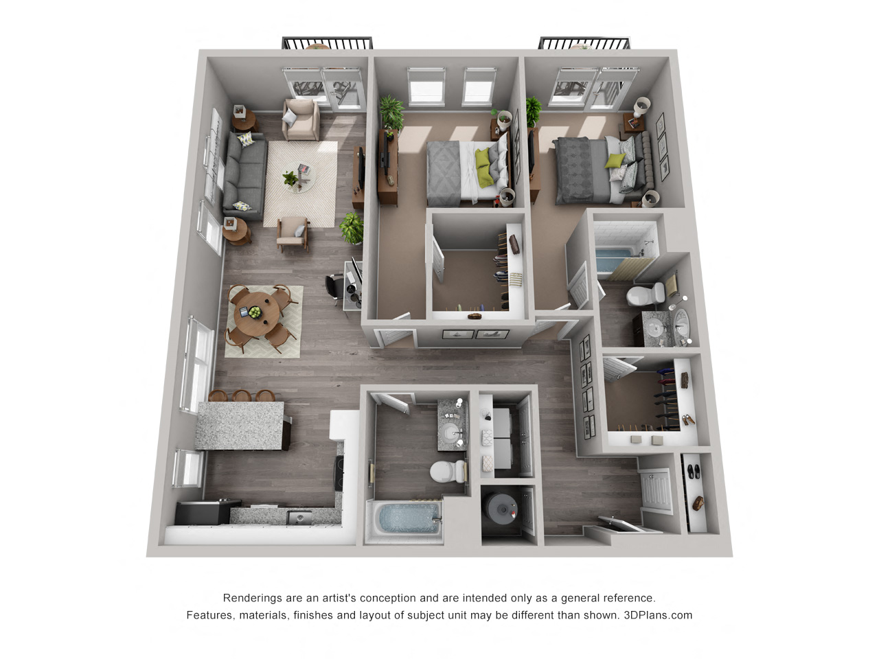 Floor plan for 2 beds, 2 baths, 1264 sqft